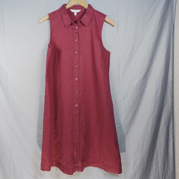 Garnet Hill Women's Dress  Linen Sleeveless Red Button Front Casual Shift Size 6 - Picture 4 of 14
